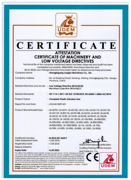 Китай Zhangjiagang Langbo Machinery Co. Ltd. Сертификаты